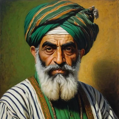 a painting of a arabic old man with a turban and a beard wearing a striped shirt and a green turban, Fikret Muallâ Saygı, qajar art, detailed portrait, a character portrait,naqshbandi,turban,balkhi,am