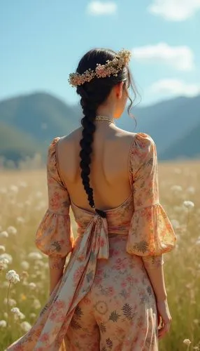 meadow,countrywoman,eadweard,inner mongolian beauty,girl in a long dress from the back,country dress