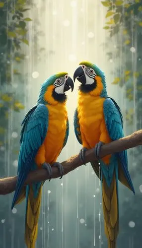 a colorful painting of two parrots sitting on a branch, in the style of marcin sobas, 32k uhd, animals and people, oil painter, intense light and shadow, ferrania p30,two colorful birds are sitting on