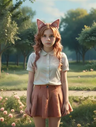 a girl with a cat ears stands in a park ,a girl standing on the grass with cat ears,arrietty,fae,sylvania,mae,annie,garden-fox tail,Photography,Documentary Photography,Documentary Photography 20