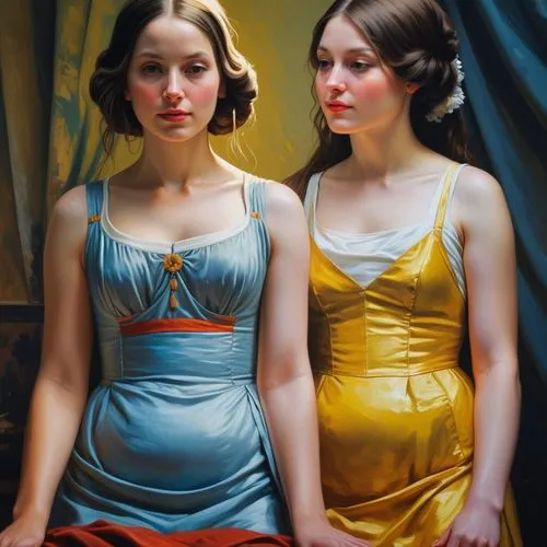 Create a beautiful double portrait from this.,two girls,mirror image,young women,porcelain dolls,vintage girls,the three graces,joint dolls,ballerinas,oil painting,doll looking in mirror,vintage art,c