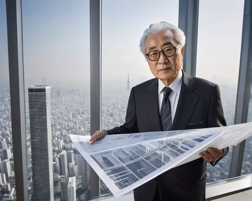 Arata Isozaki, modern Japanese architect, 60yo, glasses, gray hair, black suit, white shirt, tie, holding blueprints, standing, skyscraper, Tokyo cityscape, glass and steel structure, sleek lines, min