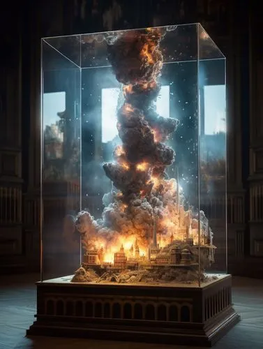 christopher columbus's ashes,vitrine,the conflagration,fire screen,burning of waste,fireworks art,fire artist,exploding,explode,digital compositing,fire in fireplace,pillar of fire,centrepiece,tower of babel,photo manipulation,explosive,combustion,detonation,sandglass,drip castle