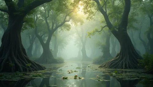 Wetland environments, misty morning, serene atmosphere, lush greenery, twisted mangrove trees, tangled roots, murky waters, water lilies, floating lotus flowers, subtle ripples, gentle breeze, warm so