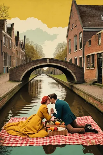 edam,the netherlands,flemish,holland,netherlands,canals,utrecht,delft,vintage man and woman,amsterdam,romantic scene,noorderleech,vintage art,woman with ice-cream,david bates,nederland,dutch landscape,north holland,groenendael,woman holding pie,Illustration,American Style,American Style 10