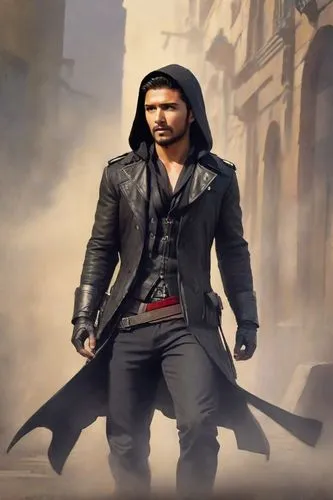 Solo full body picture of 5'7'' tall modern day assassin wearing black leather coat with a black hood and a cloth vest underneath,a man with a hooded hood, jacket and cape walking on a street,atharva,