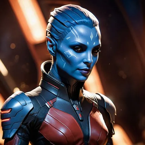 Mass Effect
Liara Tsoni ( asari ) ( xeno )

blaue Haut.
 Geschwungene kurze Tentakel statt Haaren auf dem kopf
Keine Ohren am kopf,liara,satari,asari,andorian,ventress,calibrations,lilandra,zavtra,ana