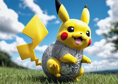 Pikachu, Pokémon, yellow fur, red cheeks, lightning bolt tail, cute expression, energetic pose, grassland, sunny day, blue sky, fluffy white clouds, few trees in background, vibrant green grass, Pokém