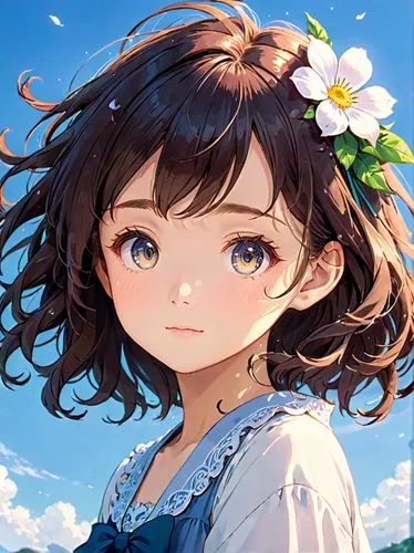 masterpiece,ultra-detailed,best quality,8K,illustration,cute face,clean skin ,shiny hair,girl,simple background <lora:morigami_SD_V1.0:0.7> morigami,hair flower,curly hair,a young anime girl looking i