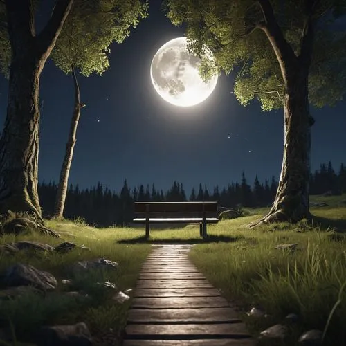 wooden bench,moonlit night,bench,park bench,moonlit,benches,moonlight,wooden path,night scene,wood bench,moonwalked,hanging moon,moonwatch,cartoon video game background,wooden bridge,landscape background,garden bench,moonglow,wooden swing,moonlighted,Photography,General,Realistic