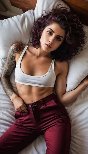 18yo slim tall gorgeous Katie Melua lying on her bed, show abs, freckles, coloured tattoos, urban lifestyle, shoulder-long bob haircut, freckles,  smoking cigarette, urban rebell girl
--  shoulder-lon