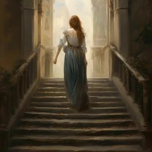 girl on the stairs,the threshold of the house,woman walking,girl walking away,fantasy picture,stairway