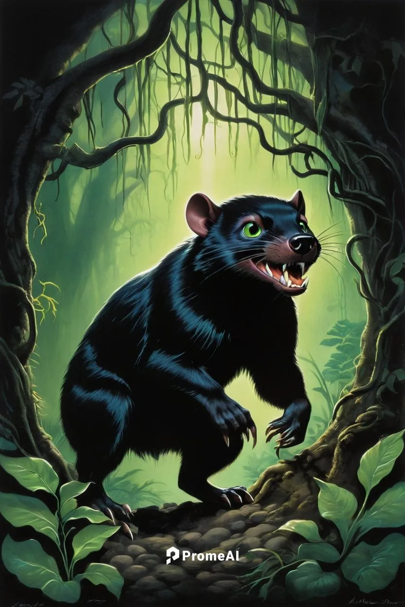 Tasmanian devil, nocturnal, glowing bioluminescent spots, bright green eyes, sharp teeth, black fur with white stripes, standing, cave entrance, dark forest, misty atmosphere, glowing mushrooms, vines