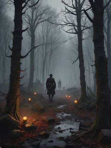 Dark, mysterious, gothic-inspired hunt showdown scene, abandoned, eerie, foggy forest, full moon, misty atmosphere, lanterns, cobwebs, old trees with twisted branches, moss-covered stones, a group of 