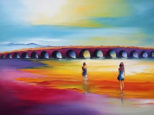 pont du gard,rainbow bridge,pont,bridge,bridging,angel bridge,art painting,oil painting on canvas,bridge arch,love bridge,hangman's bridge,bridges,jeanneney,aqueducts,oil painting,bridged,under the bridge,girl on the river,peinture,overbridges,Illustration,Paper based,Paper Based 04