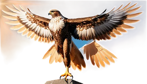 Sharp hawk, wings spread wide, feathers detailed, talons outstretched, strong muscular legs, piercing brown eyes, sharp beak, sunlight illuminating feathers, 3/4 composition, shallow depth of field, w