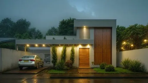 put a beauty wood door in front of the building, turn on the lights,a white and brown modern house in the rain,landscape design sydney,mid century house,garden design sydney,monsoons,landscape designe