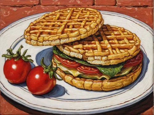 waffles,egg waffles,david bates,waffle,panini,waffle iron,painted grilled,breakfast sandwich,hamburger plate,blt,pizzelle,culinary art,egg sandwich,oil painting on canvas,liege waffle,belgian waffle,grilled food,cemita,original chicken sandwich,breakfast plate,Art,Classical Oil Painting,Classical Oil Painting 28