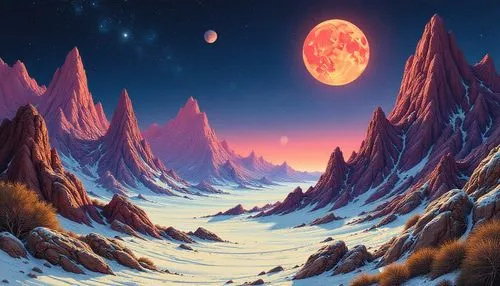 lunar landscape,moonscape,moon valley,valley of the moon,moonscapes,fantasy landscape,Illustration,Retro,Retro 25