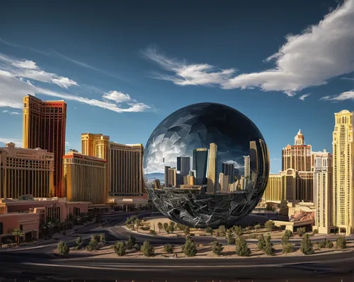 vegas,las vegas,las vegas entertainer,glass sphere,las vegas strip,big marbles,digital compositing,crystal ball-photography,futuristic landscape,fantasy city,giant soap bubble,crystal ball,360 ° panorama,caesars palace,las vegas sign,futuristic architecture,world digital painting,spherical,fantasy world,musical dome,Art,Artistic Painting,Artistic Painting 05