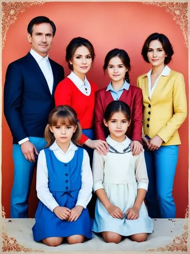 A family impression,four people, each wearing a red and blue shirt with two small s sitting next to them in front of a red wall,chiquititas,armenians,telenovelas,abkhazian,kosovars,azerbaijanis