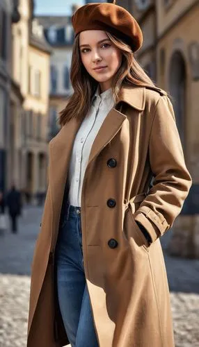 long coat,coat,brown hat,overcoat,coat color,women fashion,girl wearing hat,woman in menswear,trench coat,cinnamon girl,beret,old coat,the hat-female,national parka,leather hat,women clothes,menswear for women,girl in a historic way,fashion vector,parka,Photography,General,Realistic