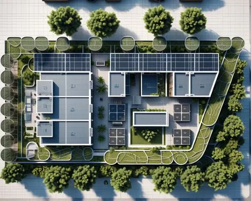 a aerial view of an apartment complex with green trees,ecovillages,garden elevation,shenzhen vocational college,europan,solar cell base,leaseplan,Photography,General,Sci-Fi