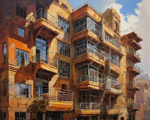 **Architecture,a painting of an apartment building next to another building,balconies,apartment building,spinola,kimmelman,hanging houses,tenement,apartment house,an apartment,urbania,antilla,apartmen