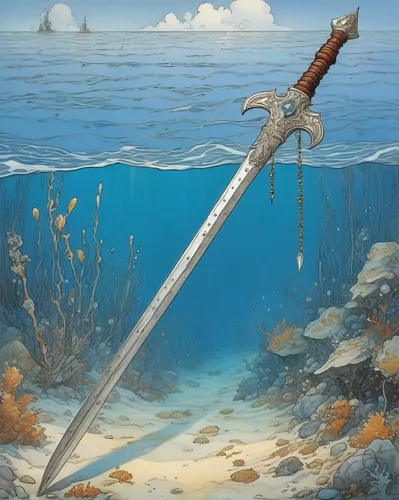 Large silver war spear with diamonds encrusted and wooden staff and strange markings engraved into it lying on the sea floor,wide sawfish,water-the sword lily,sawfish,excalibur,narwhal,sword,king swor