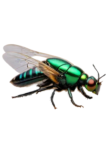 green hornet, insect, close-up, shiny exoskeleton, iridescent wings, black stripes, bright green body, large compound eyes, pointed abdomen, sharp stinger, hovering in air, soft focus background, natu