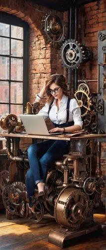 Modern interior design studio, internship setting, young adult, 20s, casual wear, jeans, white shirt, messy brown hair, glasses, laptop, coffee cup, drafting table, blueprints, colorful design books, 