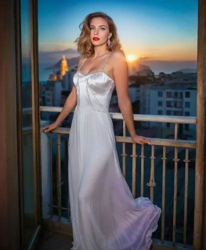 the sky is painted in pastel hues of orange, red, and pink as the sun begins to rise over a sea of deep purple clouds. A stunning woman in a white nightie gazes deep into the air, her eyes closed and 