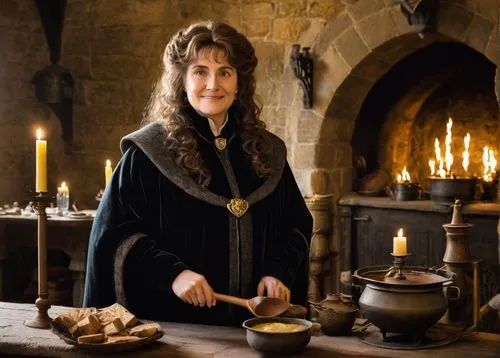 Hufflepuff founder, Helga Hufflepuff, medieval era, solo, mature lady, curly brown hair, gentle smile, warm eyes, golden brooch, long sleeves, velvet cloak, holding a wooden spoon, standing in front o