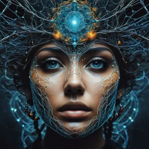 telepath,precognition,transhuman,biomechanical,fractals art,shaman,fantasy portrait,cognition,cybernetic,oracular,fractalius,cyborg,head woman,mystical portrait of a girl,cyberia,cybernetically,singularity,apophysis,cybernet,medusa,Conceptual Art,Fantasy,Fantasy 18