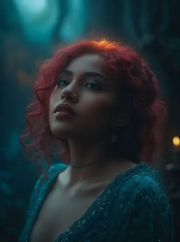 a woman with red hair standing in the dark,demelza,irisa,mystical portrait of a girl,mera,niobe,fae,askani,merida,triss,redd,fathom,moody portrait,postprocessing,fantasy portrait,huiraatira,binti,dark