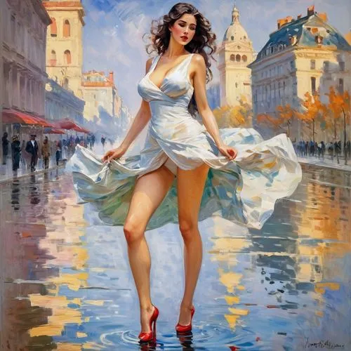 wet , covered girl sexy with covered  huge bust tall legs  and elegant art of exhibition and hips with beautiful clothes,a painting of a woman in a white dress,donsky,dmitriev,anatoly,italian painter,