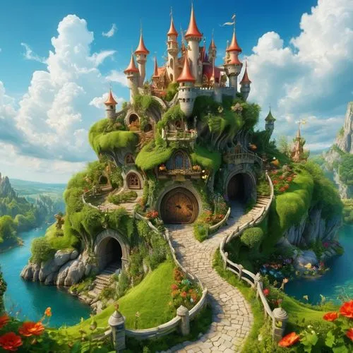 fairy tale castle,fairy world,fantasyland,fairyland,fairy village,fairytale castle,fantasy world,neverland,fairy tale,imaginationland,3d fantasy,cartoon video game background,fantasy city,rivendell,fairytale,a fairy tale,fantasy landscape,bird kingdom,wonderland,munchkinland,Illustration,Realistic Fantasy,Realistic Fantasy 02