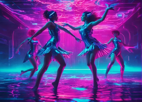 neon ghosts,dancers,sirens,ballerinas,neon cocktails,neon body painting,dance club,neon tea,concert dance,neon drinks,neon lights,vapor,dancing,futuristic,neon,uv,neon light,3d fantasy,dance,cg artwork,Conceptual Art,Sci-Fi,Sci-Fi 27