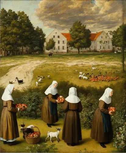 (view from above as in the paintings of Pieter Bruegel, small figures of Catholic nuns in Breton bonnets and kerchiefs, light brown robes and dark brown dresses pick apples from the trees, small gray 