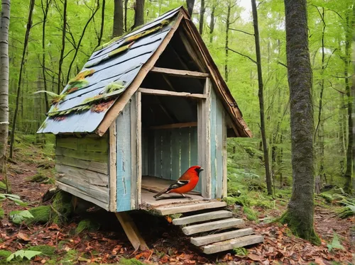 Compose a descriptive paragraph about a cozy hut situated in the middle of a forest, with finches singing merrily in the background.,a chicken coop,wood doghouse,chicken coop,bird home,outhouse,small 