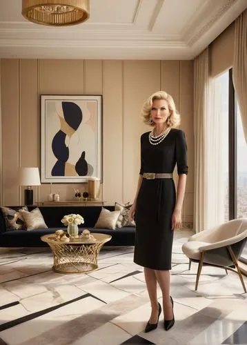 Jeff Lewis-inspired interior design, luxurious modern living room, mature lady, 40s, blonde hair, minimal makeup, elegant black dress, pearl necklace, standing, gesturing, beige walls, marble floor, s