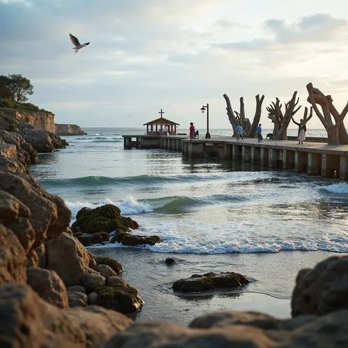 Rustic wooden docks, weathered beach stones, driftwood sculptures, sandy shores, ocean waves, seagulls flying overhead, salty air, warm sunlight, natural rock formations, tidal pools, seaweed-covered 