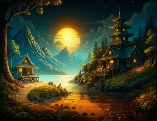 a painting of a mountain landscape at night,cartoon video game background,fantasy landscape,fantasy picture,halloween background,landscape background,children's background,Illustration,Abstract Fantas