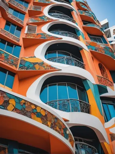 hotel barcelona city and coast,balconies,interlace,hotel w barcelona,las olas suites,colorful facade,whampoa,apartment blocks,escala,apartment block,pedrera,gaudi,edificio,scampia,hotel riviera,benidorm,arquitectura,condominium,condominia,balcones,Conceptual Art,Oil color,Oil Color 08