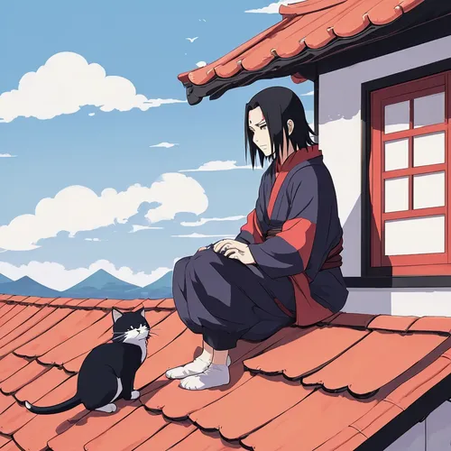 jiji the cat,domestic long-haired cat,lucky cat,two cats,magpie cat,stray cat,sensei,long-haired hihuahua,peaceful,father-son,young cat,tea zen,shinigami,cat child,nori,father and son,ninjutsu,little cat,cat mom,tranquil,Illustration,Japanese style,Japanese Style 06