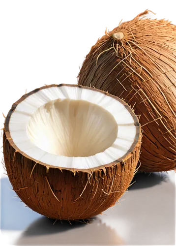 Brown coconut, half-cut, white coconut meat, tropical fruit, solo, ornate shell, smooth surface, detailed texture, soft lighting, 3/4 composition, shallow depth of field, warm color tone.,organic coco