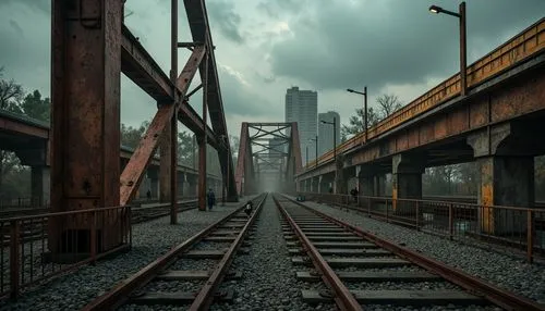 Rustic steel bridges, industrial-era aesthetic, distressed metal textures, warm earthy tones, weathered wood accents, muted blue-grey skies, atmospheric mist, soft golden lighting, cinematic compositi