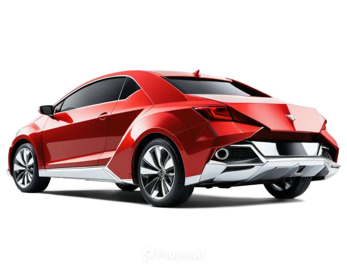 Car icon, shiny metallic body, silver chrome rim, sporty alloy wheels, glossy red paint, dynamic angles, low-angle shot, 3/4 composition, dramatic lighting, high-contrast shadows, PNG transparent back