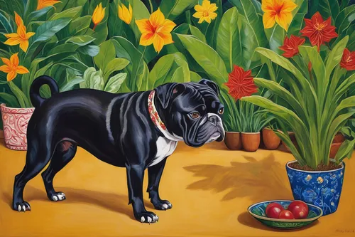 the french bulldog,dog poison plant,daffodils,boston terrier,pet portrait,dog illustration,still life of spring,flower painting,gardener,bruno jura hound,cloves schwindl inge,potted plant,rottweiler,frida,carlin pinscher,french bulldog,flowerpot,potted plants,springtime background,olde english bulldogge,Art,Artistic Painting,Artistic Painting 31