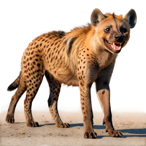 Spotted hyena, laughing expression, sharp teeth, yellow eyes, shaggy fur, standing on all fours, claws out, strong legs, African savannah, warm sunlight, golden hour, 3/4 composition, shallow depth of